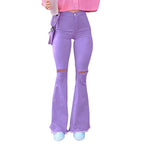 Women High-Rise Stretch Flared Jeans with Knee Rips, Flared Leg and Raw Hem Fashion Glam