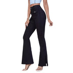 Women High-Waist Flared Trousers made of Stretch Denim with Pocket Flaps and Front Slit Fashion Glam
