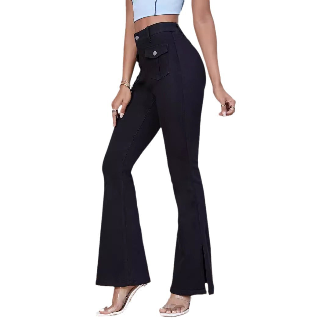 Women High-Waist Flared Trousers made of Stretch Denim with Pocket Flaps and Front Slit Fashion Glam