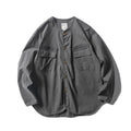 Unisex Collarless Overshirt Jacket with Snap Button Placket and Patch Chest Pockets Fashion Glam