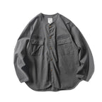 Unisex Collarless Overshirt Jacket with Snap Button Placket and Patch Chest Pockets Fashion Glam