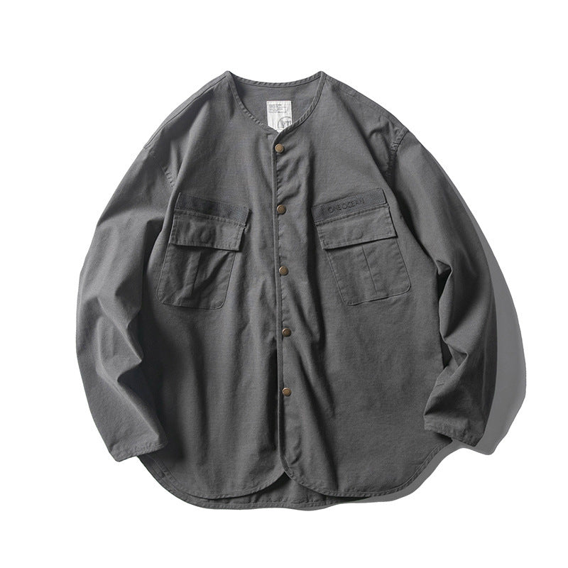 Unisex Collarless Overshirt Jacket with Snap Button Placket and Patch Chest Pockets Fashion Glam