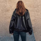 Ladies Oversized Faux Leather Bomber Jacket with Cozy Faux Fur Collar and Applied Flap Pockets Fashion Glam