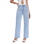 Women’s jeans with pearl appliqué, high waist and straight leg Fashion Glam