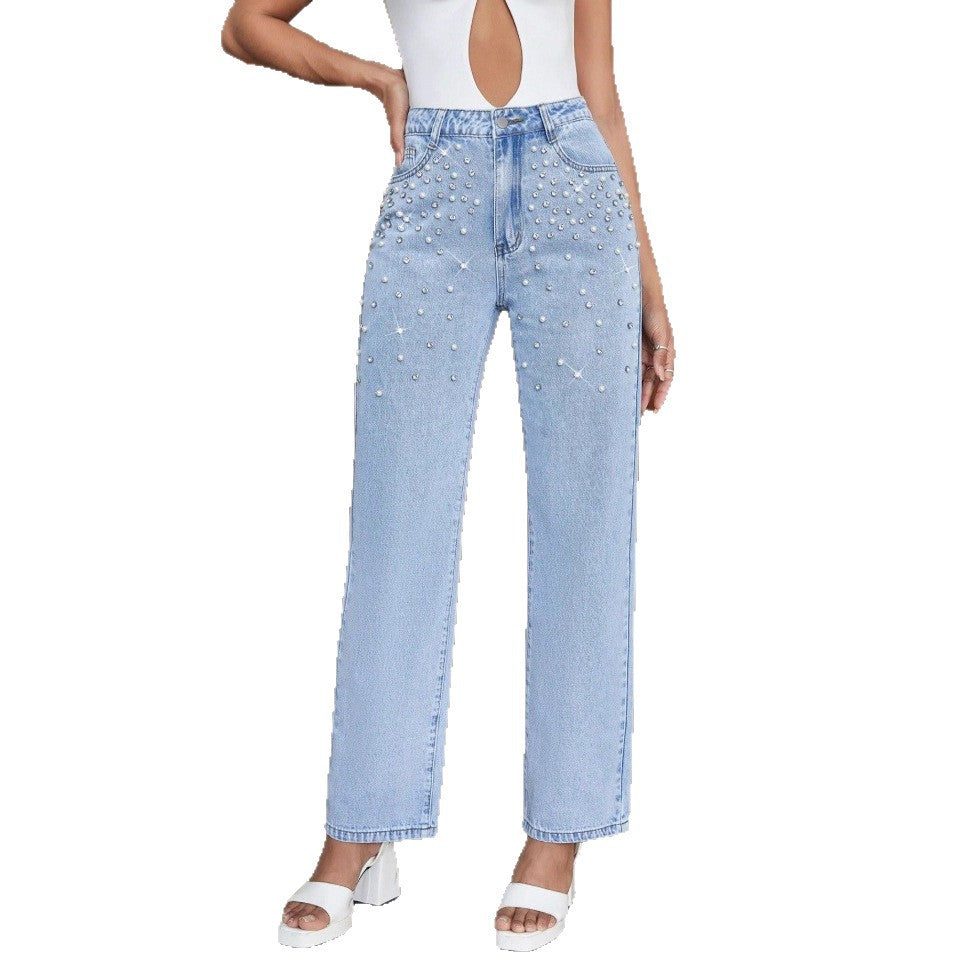 Women’s jeans with pearl appliqué, high waist and straight leg Fashion Glam