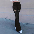 Women's Flared Jeans with High Waist, Sculpting Cut and Strong Destroyed Effect Fashion Glam