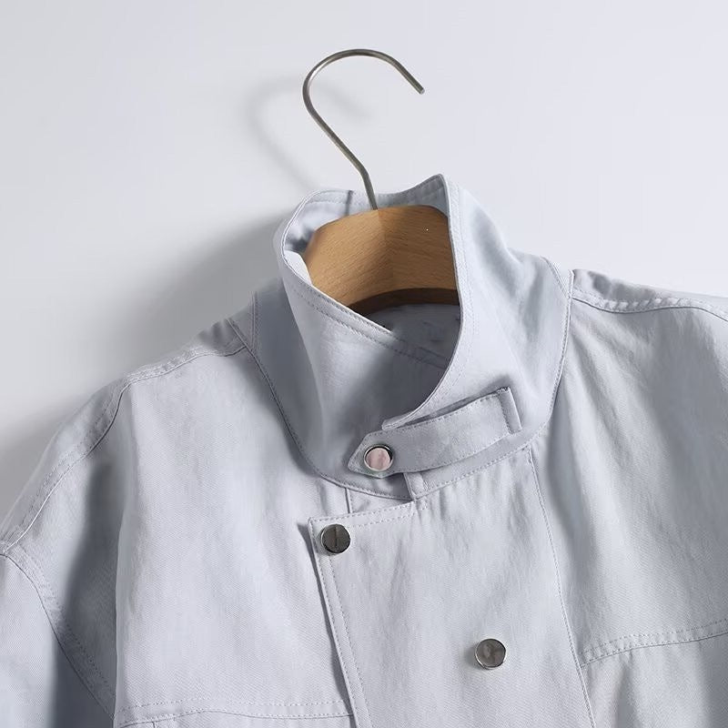 Women Light Oversized Blouse Jacket with Stand Collar and Concealed Snap Button Placket Fashion Glam