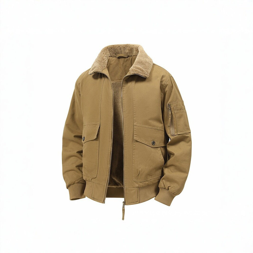 Men's Military Inspired Thermal Bomber Jacket with Teddy Lining, Arm Pocket and Snap Flap Pockets Fashion Glam