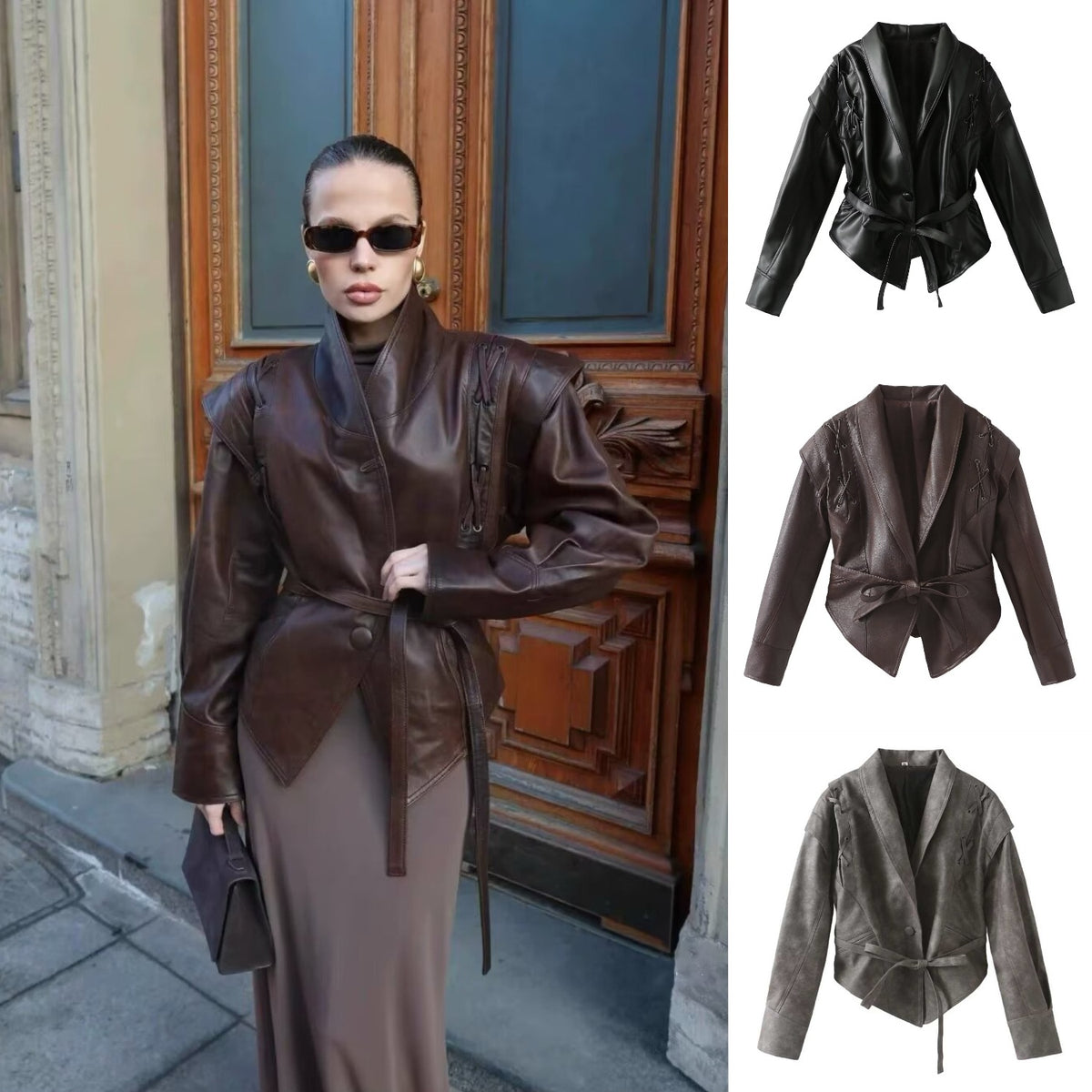 Women's short jacket in suede look with shawl collar, lacing details and waist belt Fashion Glam