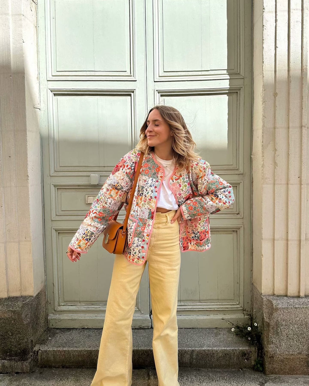 Women's quilted patchwork set consisting of jacket, vest, and mini skirt with floral print Fashion Glam