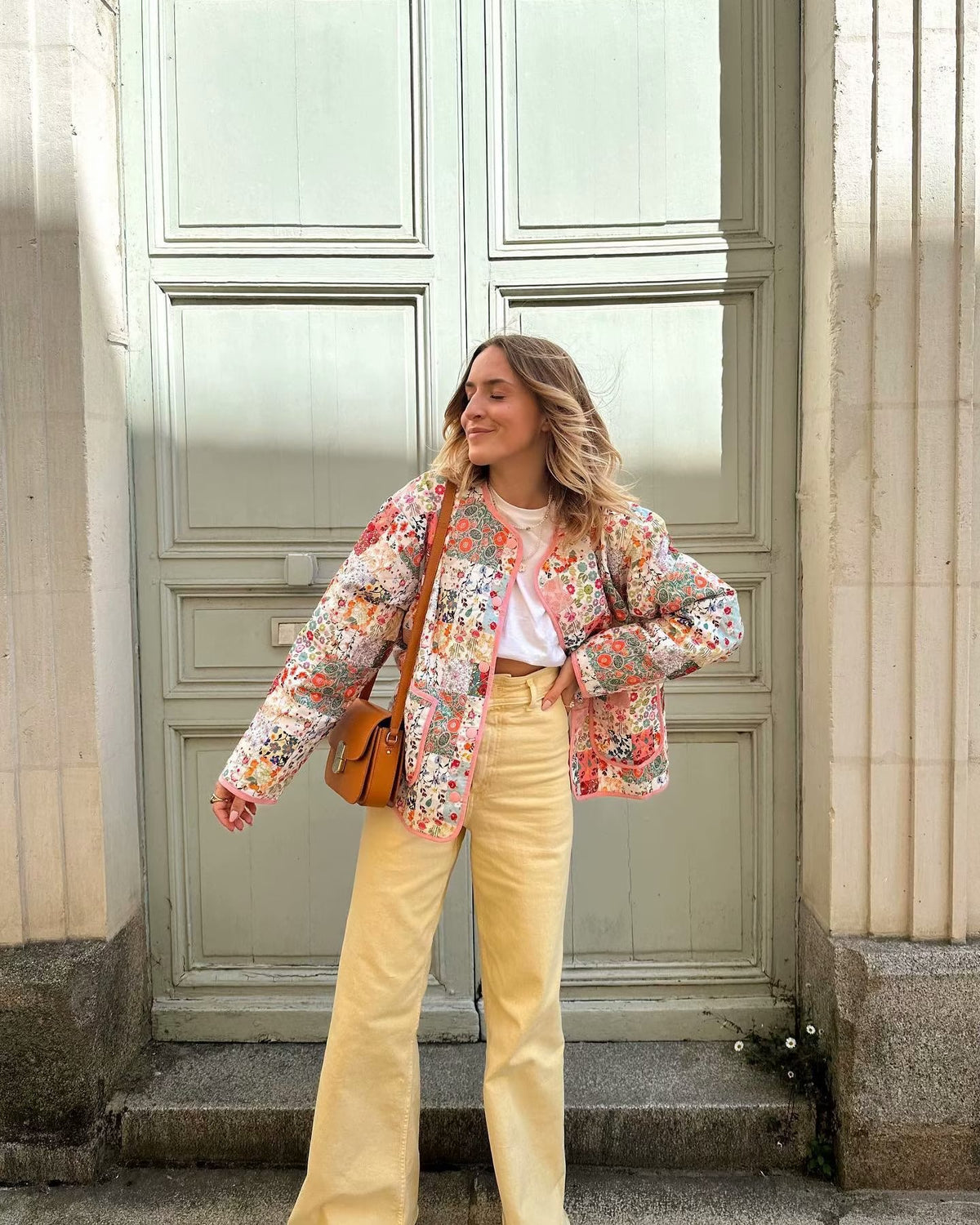 Women's quilted patchwork set consisting of jacket, vest, and mini skirt with floral print Fashion Glam