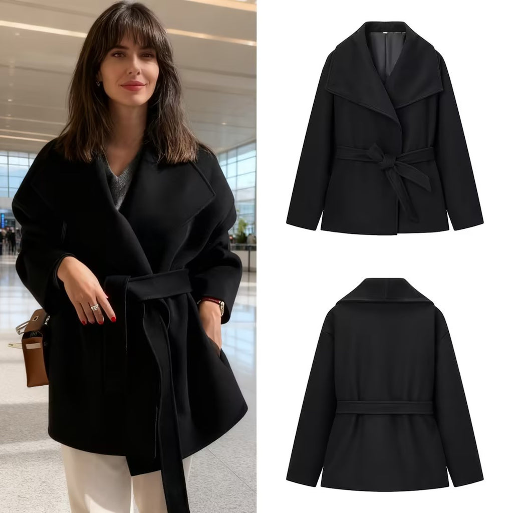 Women's Short Wool Blend Coat with Wide Shawl Collar and Waist Belt Fashion Glam