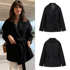 Women's Short Wool Blend Coat with Wide Shawl Collar and Waist Belt Fashion Glam