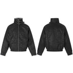 Men's Short Biker-Inspired Faux Leather Bomber Jacket with Studs, Double Buckle Collar and Teddy Lining Fashion Glam