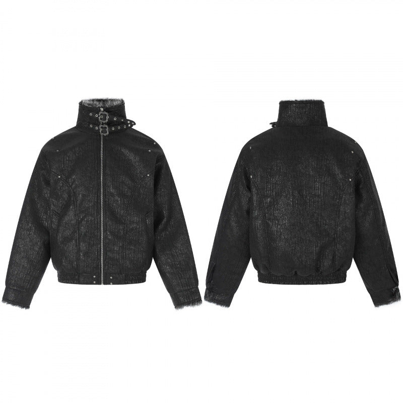 Men's Short Biker-Inspired Faux Leather Bomber Jacket with Studs, Double Buckle Collar and Teddy Lining Fashion Glam