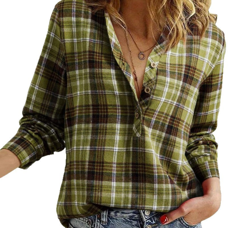 Women’s check blouse in oversized look with V-neck, button placket, and rounded hem Fashion Glam