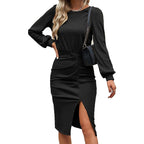 Women's midi dress with fitted wrap effect, long sleeves and high slit Fashion Glam
