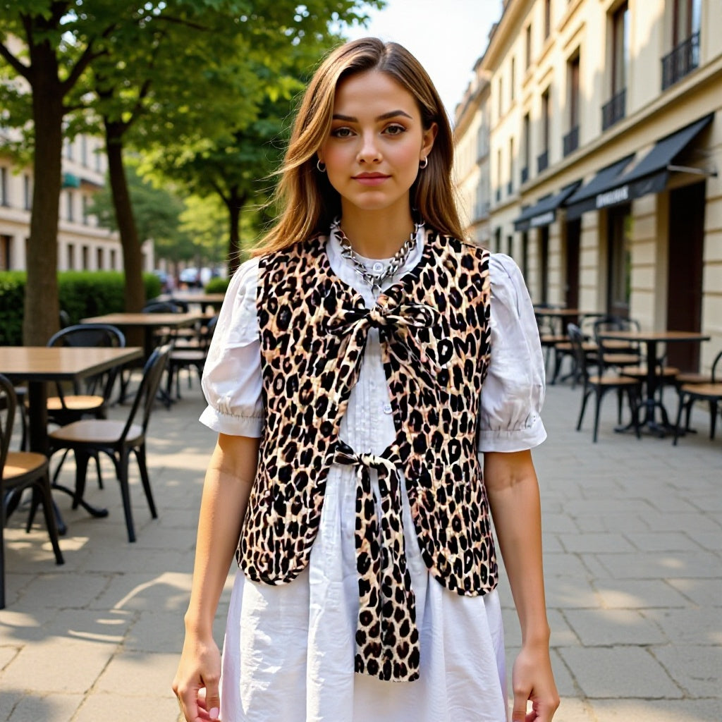 Women Sleeveless Leopard Print Blouse with Double Bow and Keyhole Front Fashion Glam