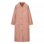 Women Long Cut Plaid Coat with Shirt Collar and Full Button Placket Fashion Glam