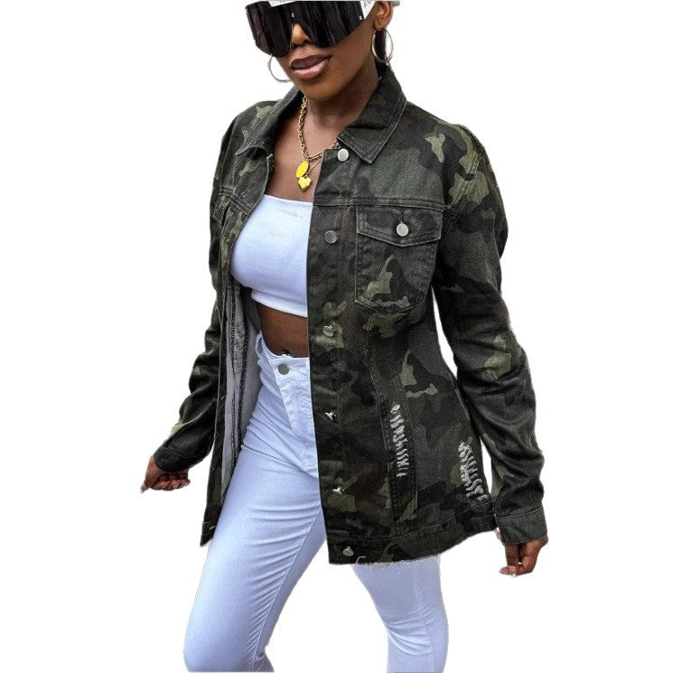 Women Oversize Camouflage Denim Jacket in Extended Cut with Frayed Hem Fashion Glam