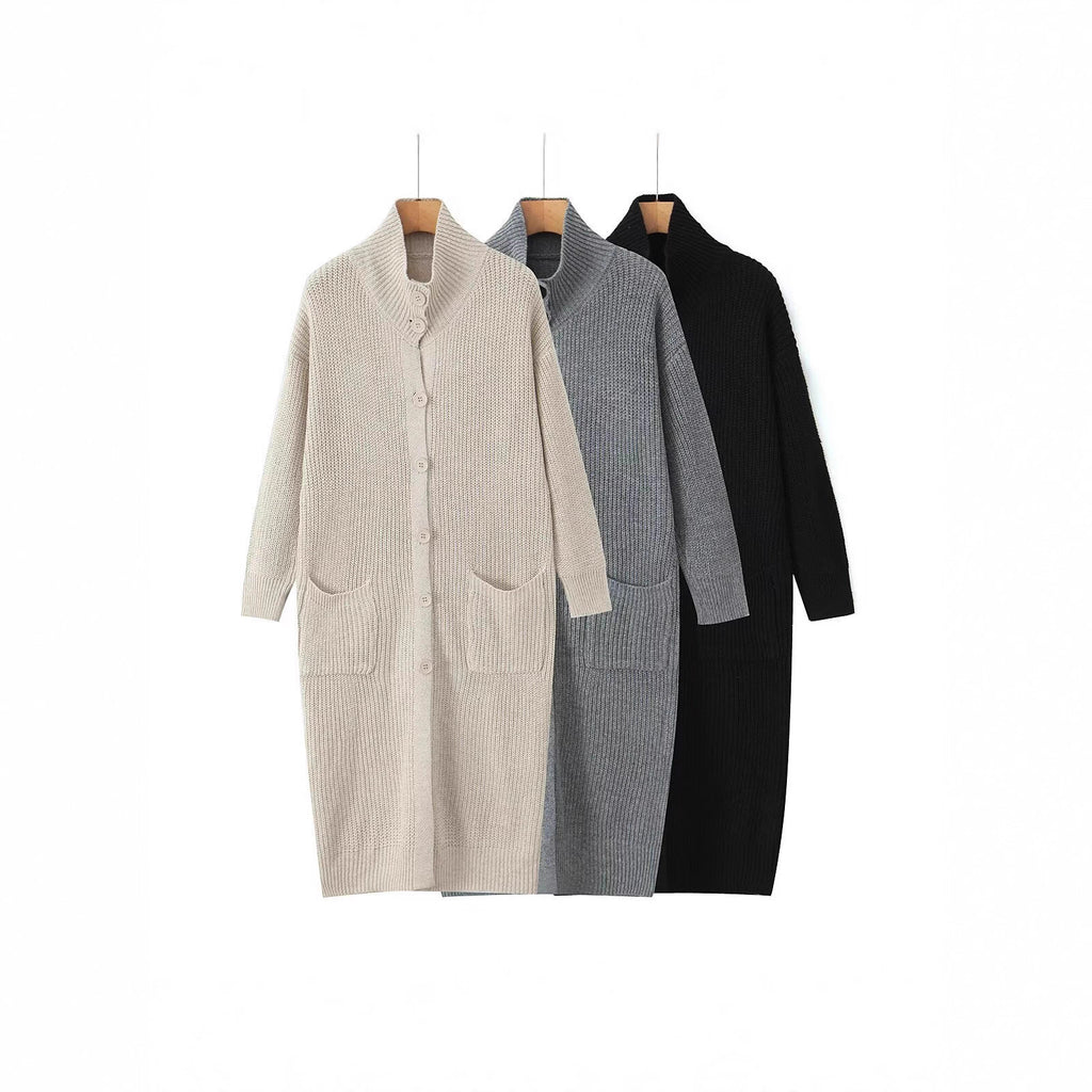 Women Long Chunky Knit Cardigan with Shawl Collar, Button Placket and Patch Pockets Fashion Glam