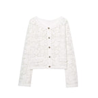 Women's Crocheted Short Jacket in Boucle Look with Decorative Buttons and Patch Pockets Fashion Glam