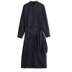 Women Oversized Button-Down Dress with Side Knot Belt and Midi Length Fashion Glam