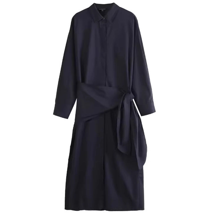 Women Oversized Button-Down Dress with Side Knot Belt and Midi Length Fashion Glam
