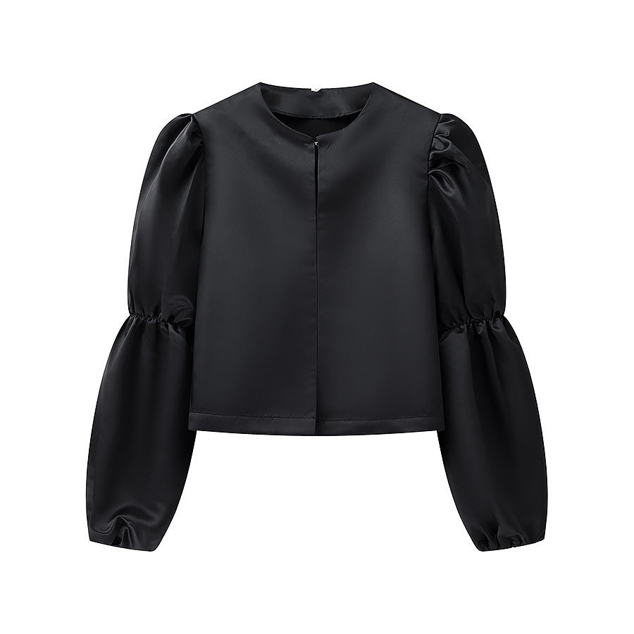 Ladies Glossy Satin Blouse with Voluminous Puff Sleeves Fashion Glam