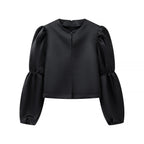 Ladies Glossy Satin Blouse with Voluminous Puff Sleeves Fashion Glam