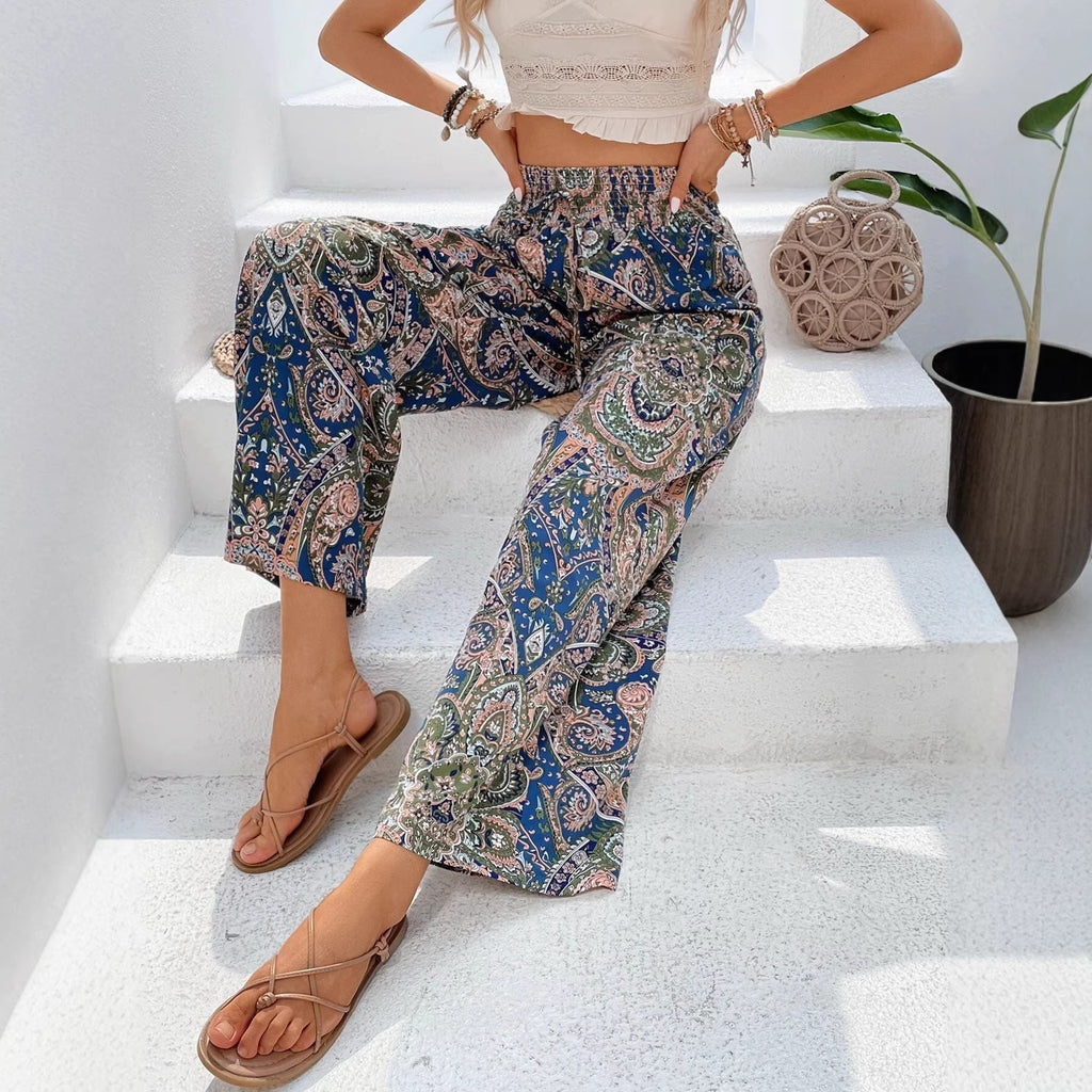 Ladies wide summer trousers in linen look with elastic waistband and paisley print Fashion Glam