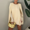 Women Pleated Cape Mini Dress with Round Neckline and Wide Cape Sleeves Fashion Glam