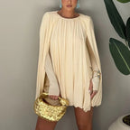 Women Pleated Cape Mini Dress with Round Neckline and Wide Cape Sleeves Fashion Glam