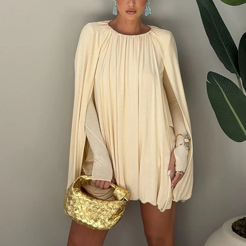 Women Pleated Cape Mini Dress with Round Neckline and Wide Cape Sleeves Fashion Glam