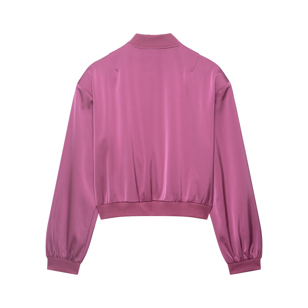 Women's cropped satin bomber jacket with ribbed hem and applied flap pockets Fashion Glam