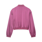 Women's cropped satin bomber jacket with ribbed hem and applied flap pockets Fashion Glam