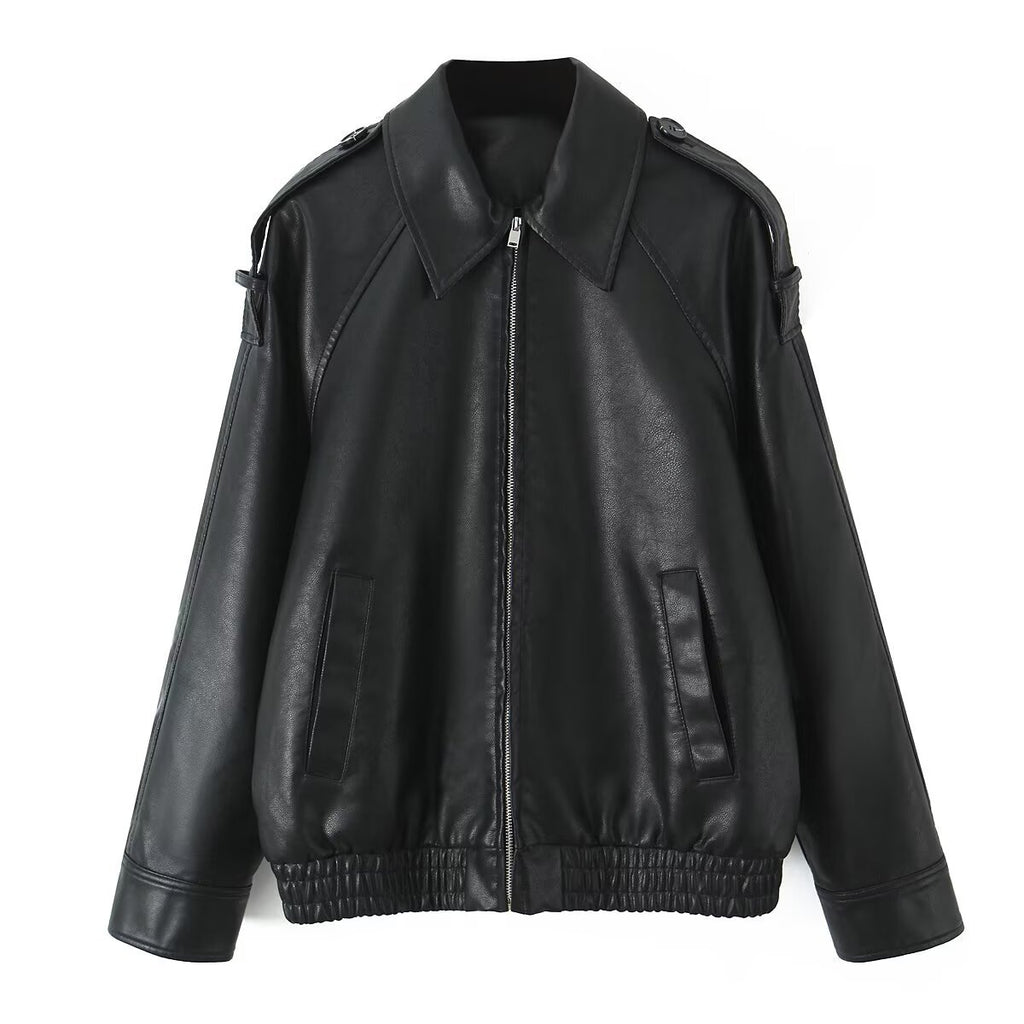 Women's Oversized Faux Leather Flight Jacket with Bonded Collar, Shoulder Epaulettes, and Elastic Hem Fashion Glam