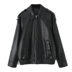 Women's Oversized Faux Leather Flight Jacket with Bonded Collar, Shoulder Epaulettes, and Elastic Hem Fashion Glam