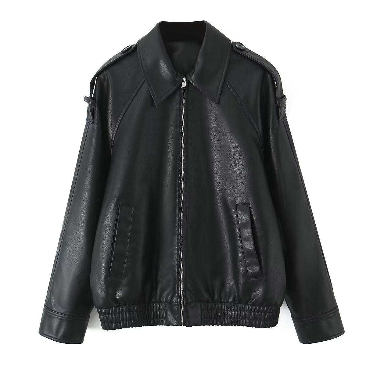 Women's Oversized Faux Leather Flight Jacket with Bonded Collar, Shoulder Epaulettes, and Elastic Hem Fashion Glam
