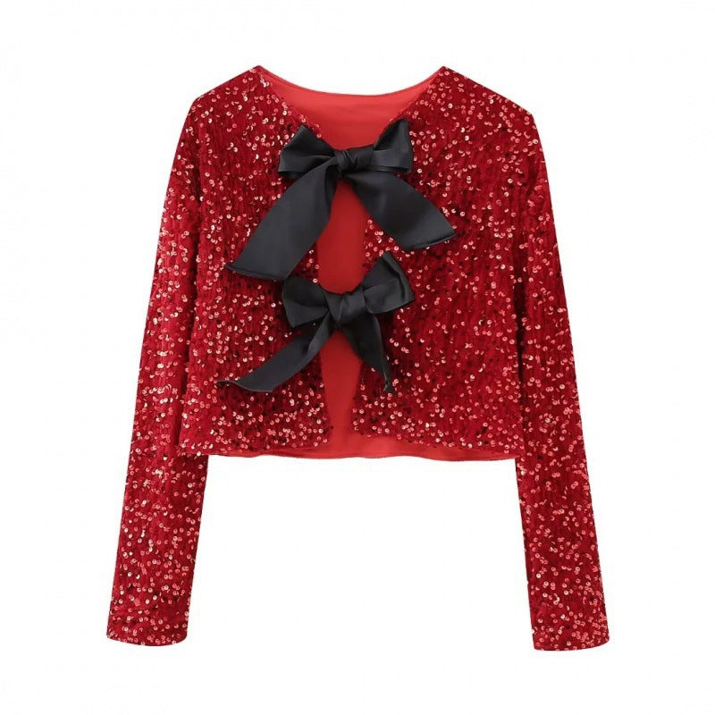 Women Sequin Cropped Jacket with Open Front Panels and Large Satin Ribbons Fashion Glam