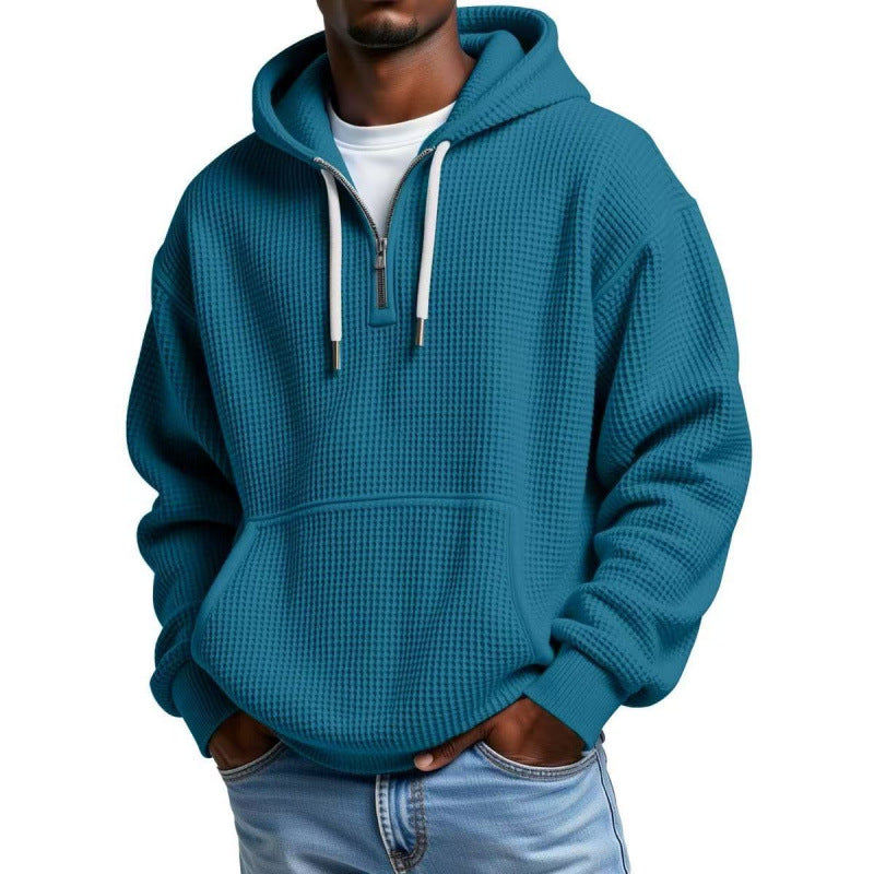 Men's waffle texture hoodie with half zipper and kangaroo pocket Fashion Glam