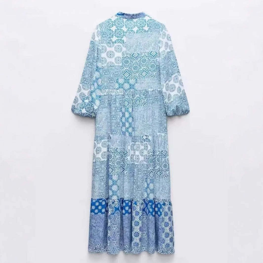 Women's maxi dress in patchwork print with V-neck, tiered skirt, and 3/4 sleeves Fashion Glam