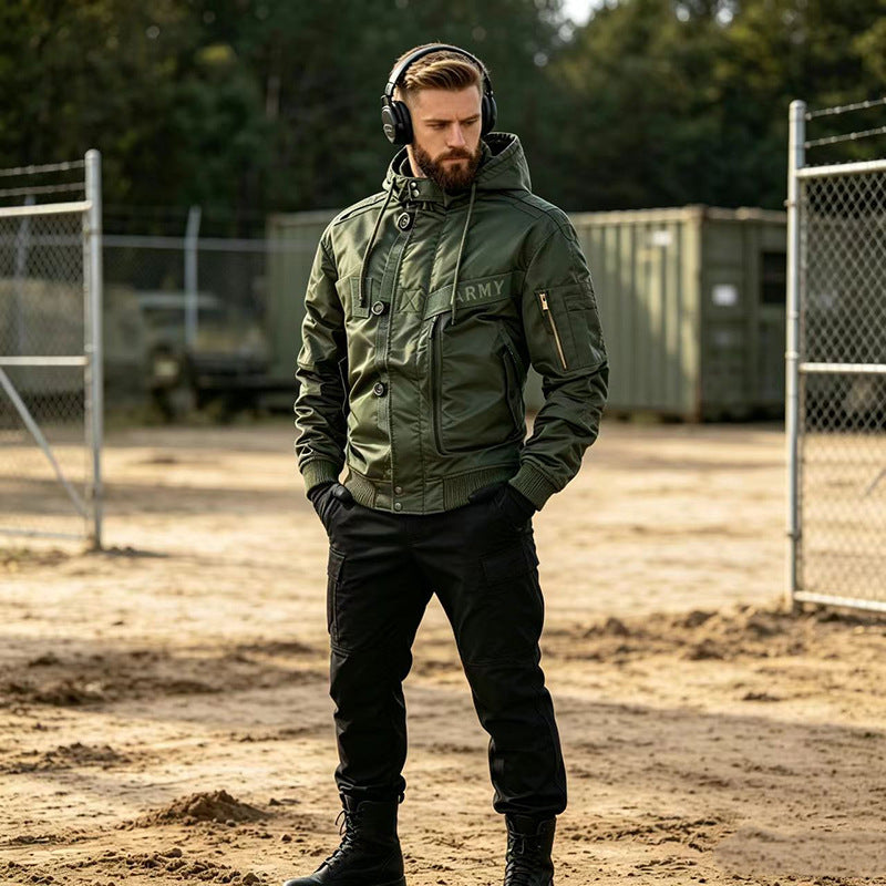 Men's Military-Inspired Hooded Bomber Jacket with Utility Pockets Fashion Glam