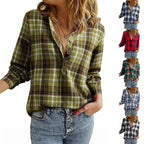 Women’s check blouse in oversized look with V-neck, button placket, and rounded hem Fashion Glam