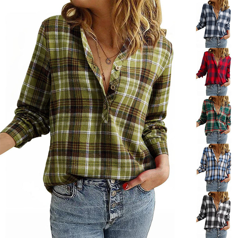 Women’s check blouse in oversized look with V-neck, button placket, and rounded hem Fashion Glam