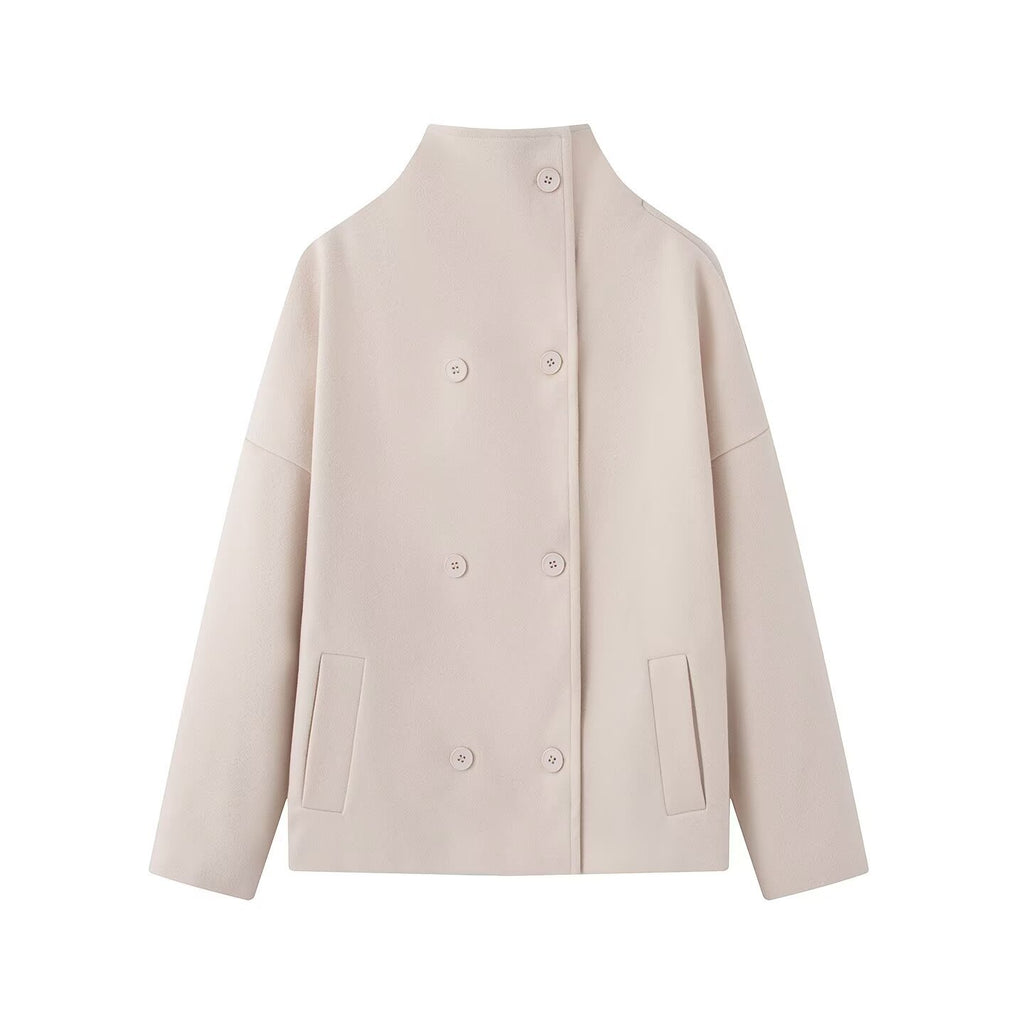 Women's Boxy Wool Jacket in Cocoon Cut with Stand-up Collar and Double-breasted Button Placket Fashion Glam