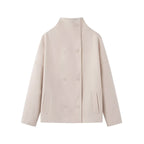 Women's Boxy Wool Jacket in Cocoon Cut with Stand-up Collar and Double-breasted Button Placket Fashion Glam