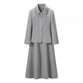 Women Two-Piece Suit made of Wool Blend with Tailored Short Blazer and Flared Midi Skirt Fashion Glam