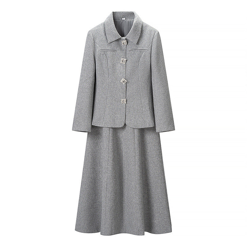 Women Two-Piece Suit made of Wool Blend with Tailored Short Blazer and Flared Midi Skirt Fashion Glam
