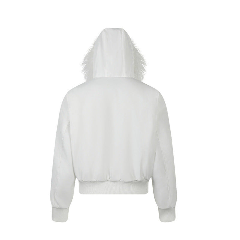 Women short-cut padded bomber jacket with faux fur hood and applied label patches Fashion Glam